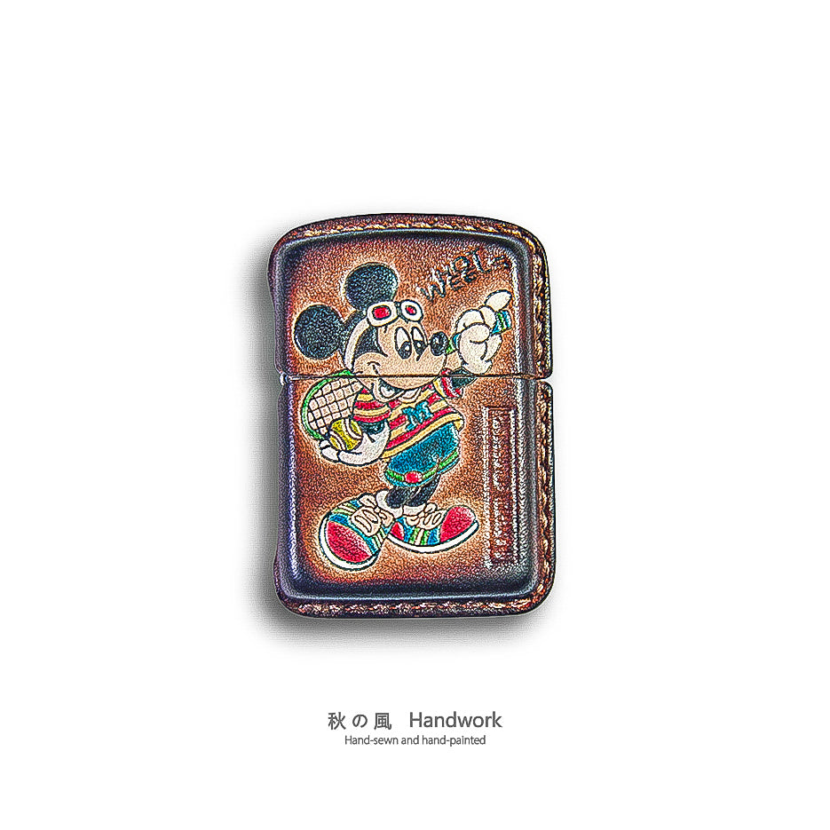 Handmade Zippo leather case Original design cowhide production Mickey from baseball