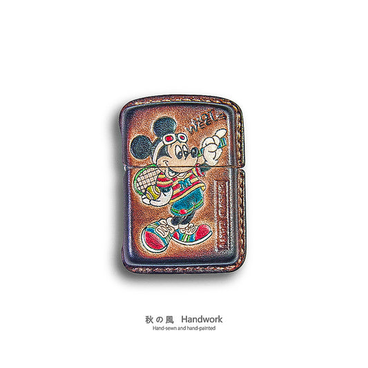 Handmade Zippo leather case Original design cowhide production Mickey from baseball