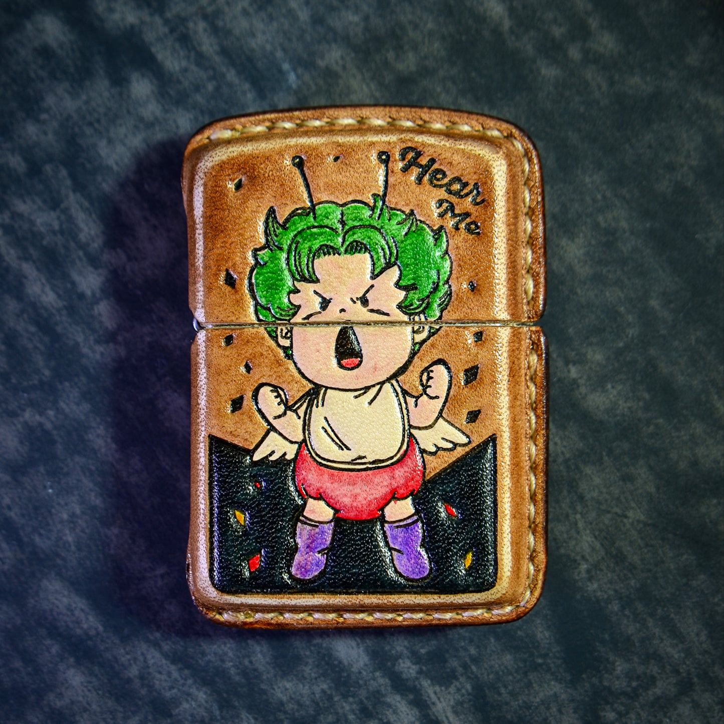 Handmade Zippo leather case Original design Sweet little angel