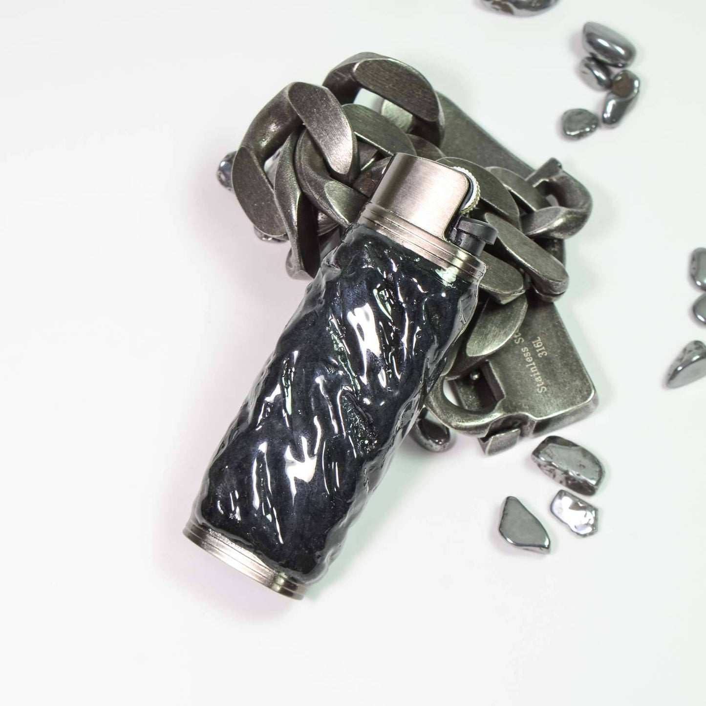 Bic J3 / Cricket lighter case handmade Black water ripple texture effect