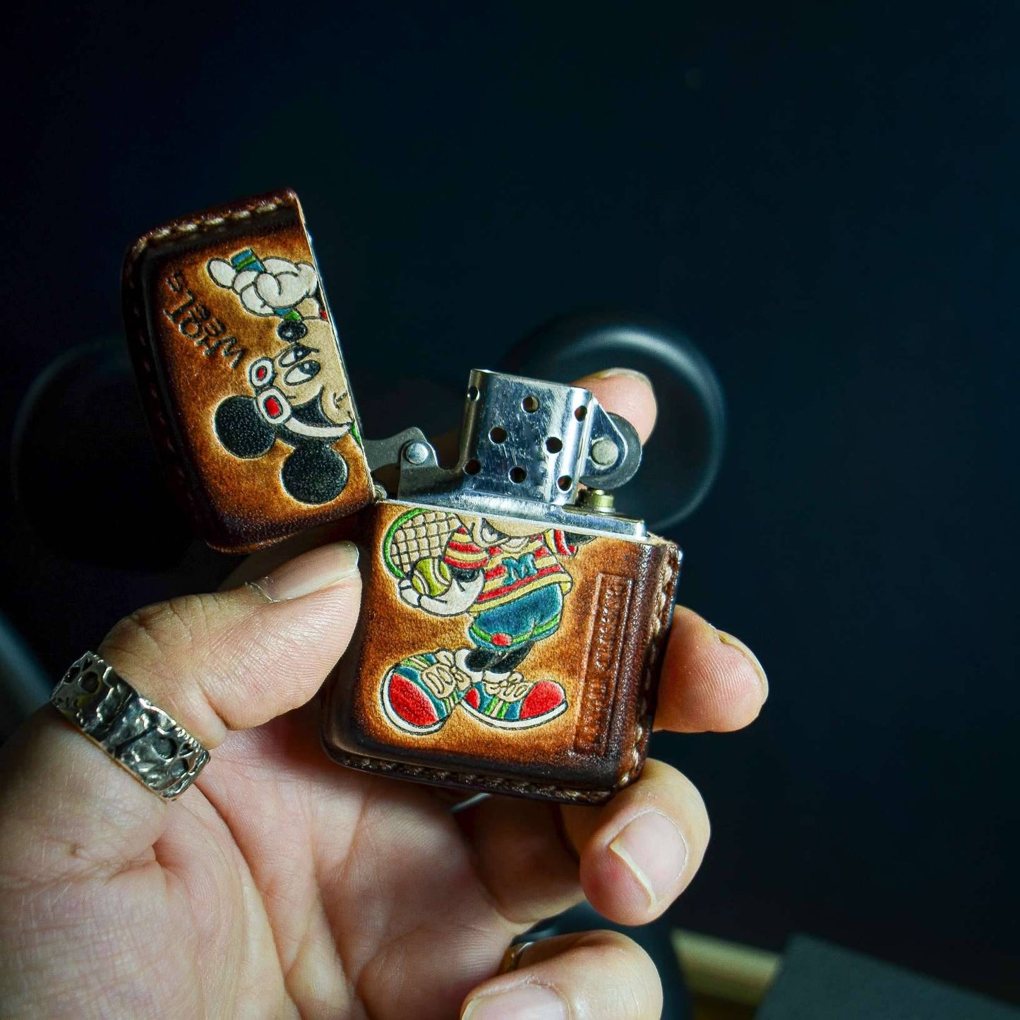 Handmade Zippo leather case Original design cowhide production Mickey from baseball