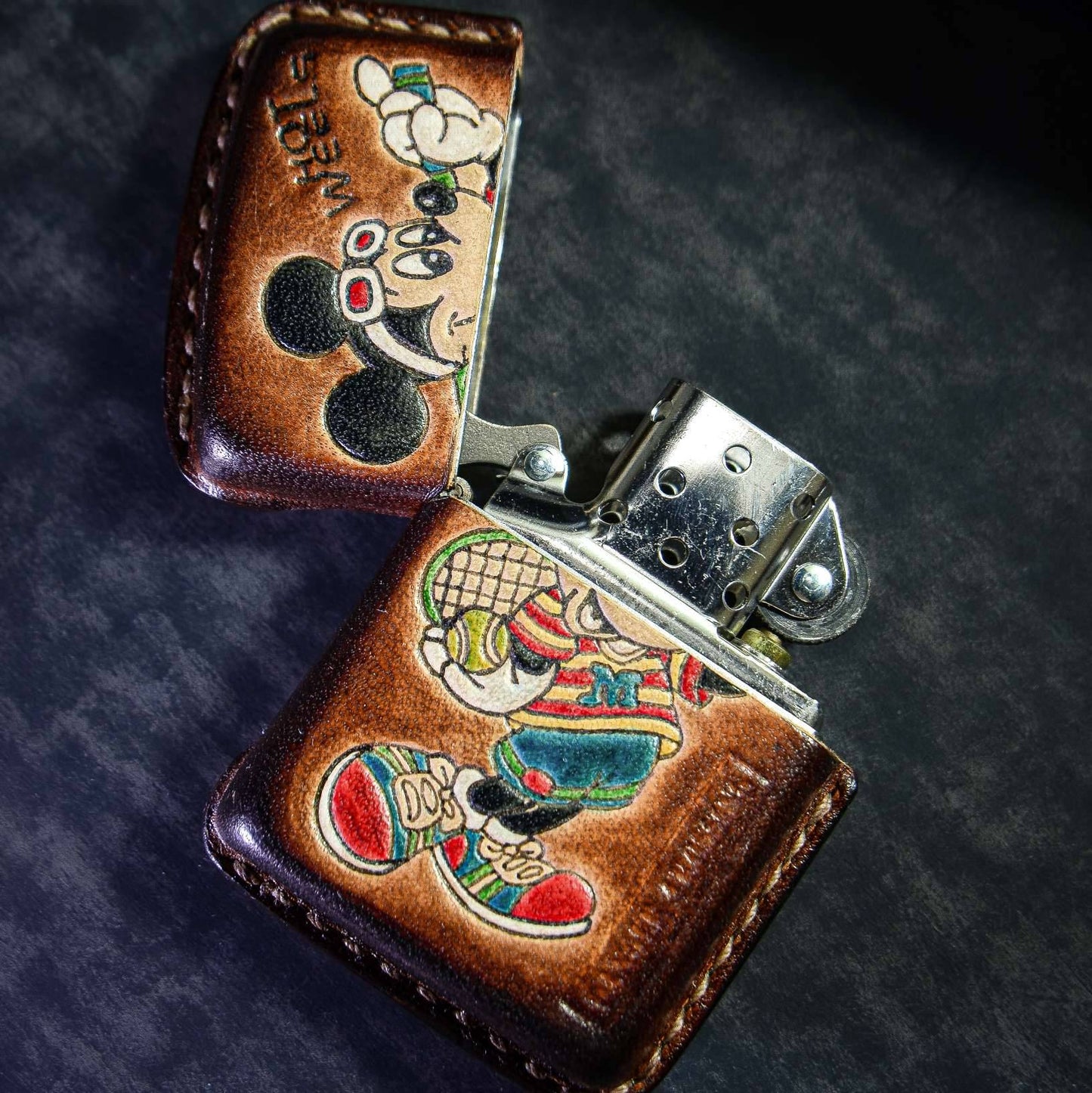 Handmade Zippo leather case Original design cowhide production Mickey from baseball