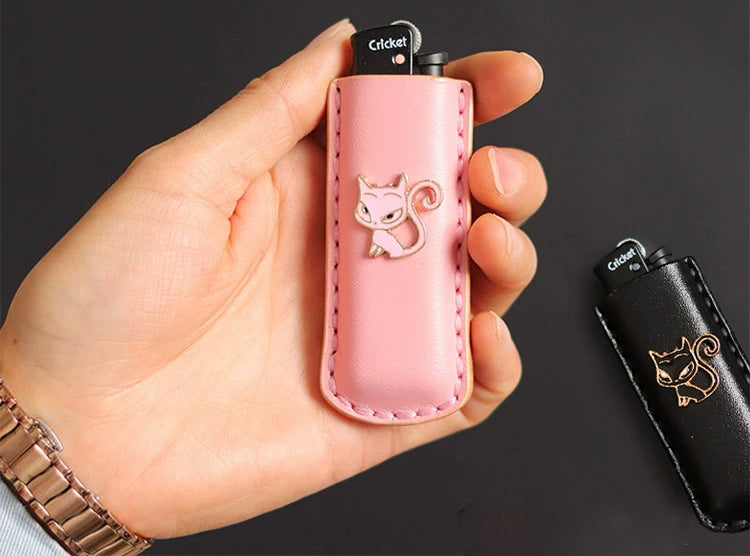 Cricket lighter leather case handmade Inlaid kitten