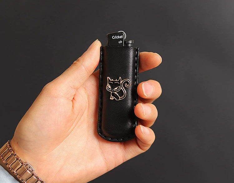Cricket lighter leather case handmade Inlaid kitten