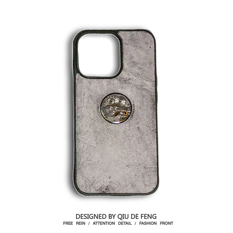 Handmade iPhone leather case Original design ash black Metal watch movement