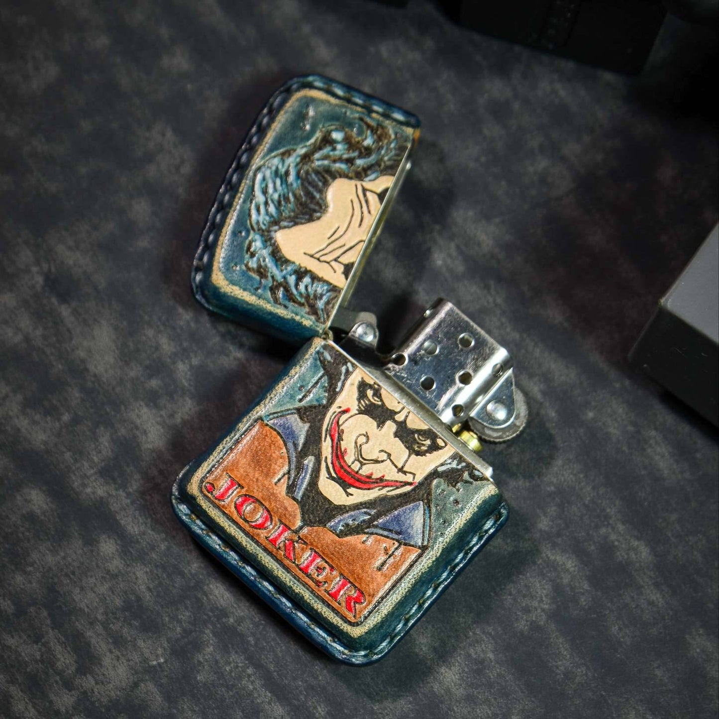Handmade Zippo leather case Original design cowhide production Smiling joker