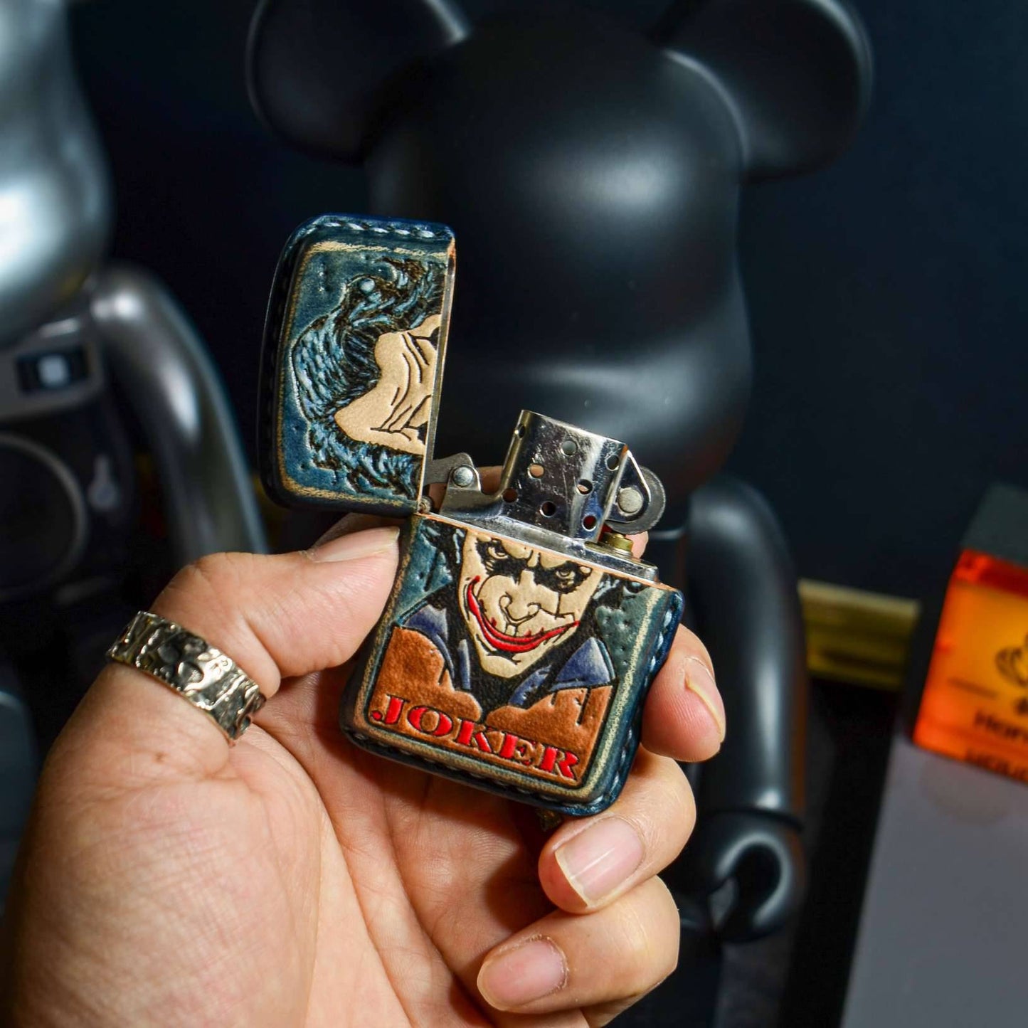 Handmade Zippo leather case Original design cowhide production Smiling joker