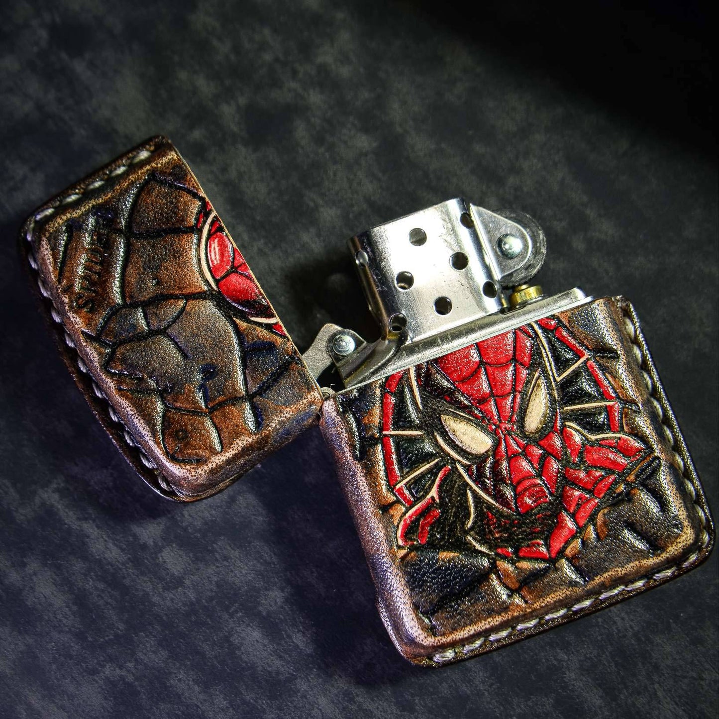 Handmade Zippo leather case Original design cowhide production Spider-Man