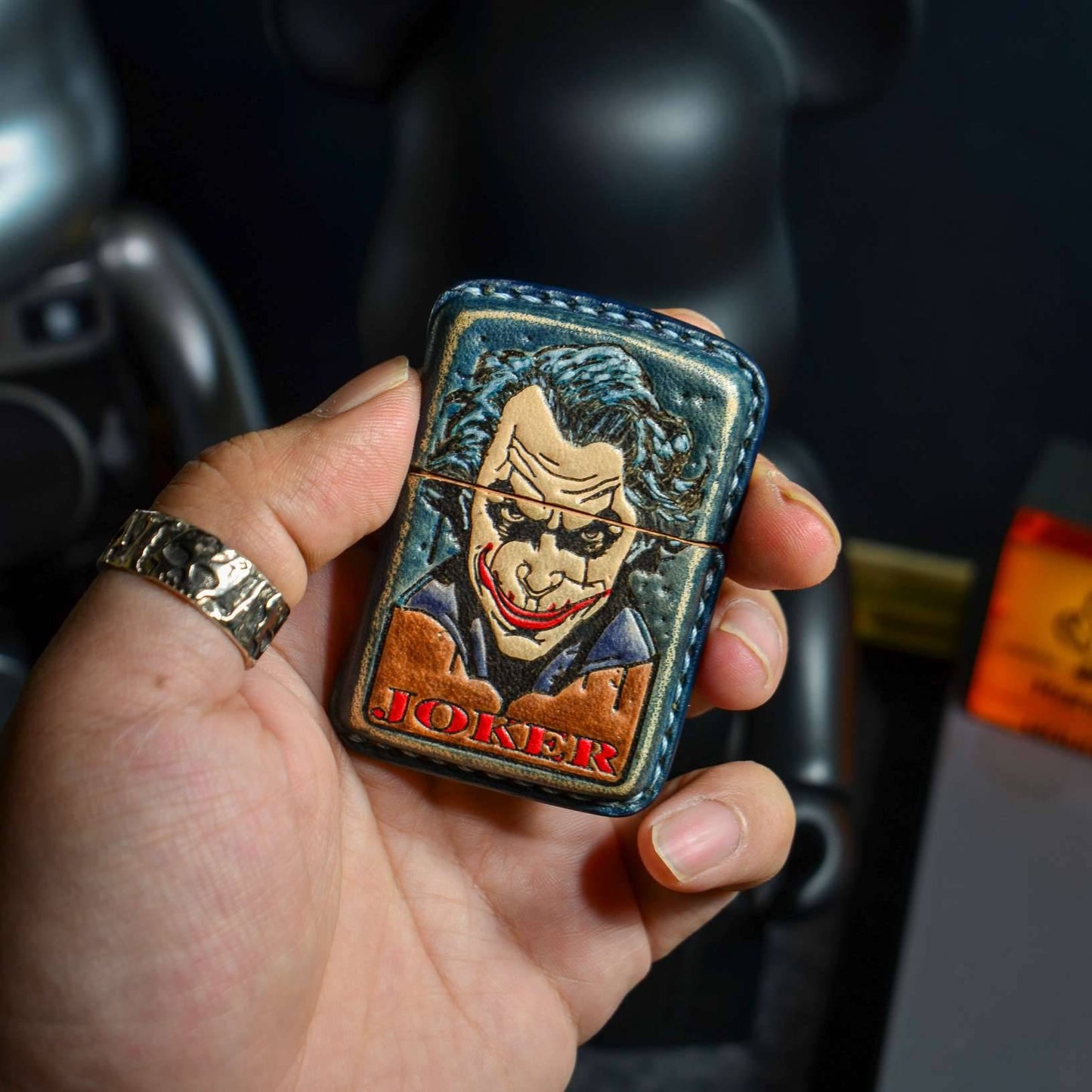 Handmade Zippo leather case Original design cowhide production Smiling joker