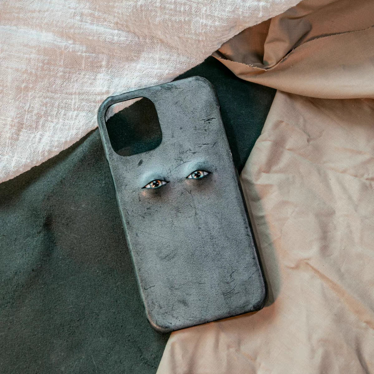 Handmade iPhone leather case Original design ash black Two eyeballs