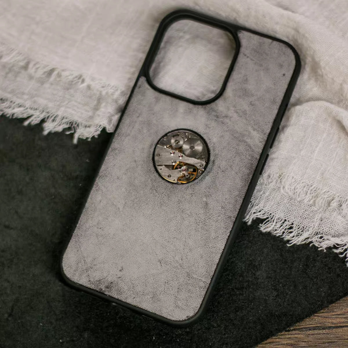 Handmade iPhone leather case Original design ash black Metal watch movement