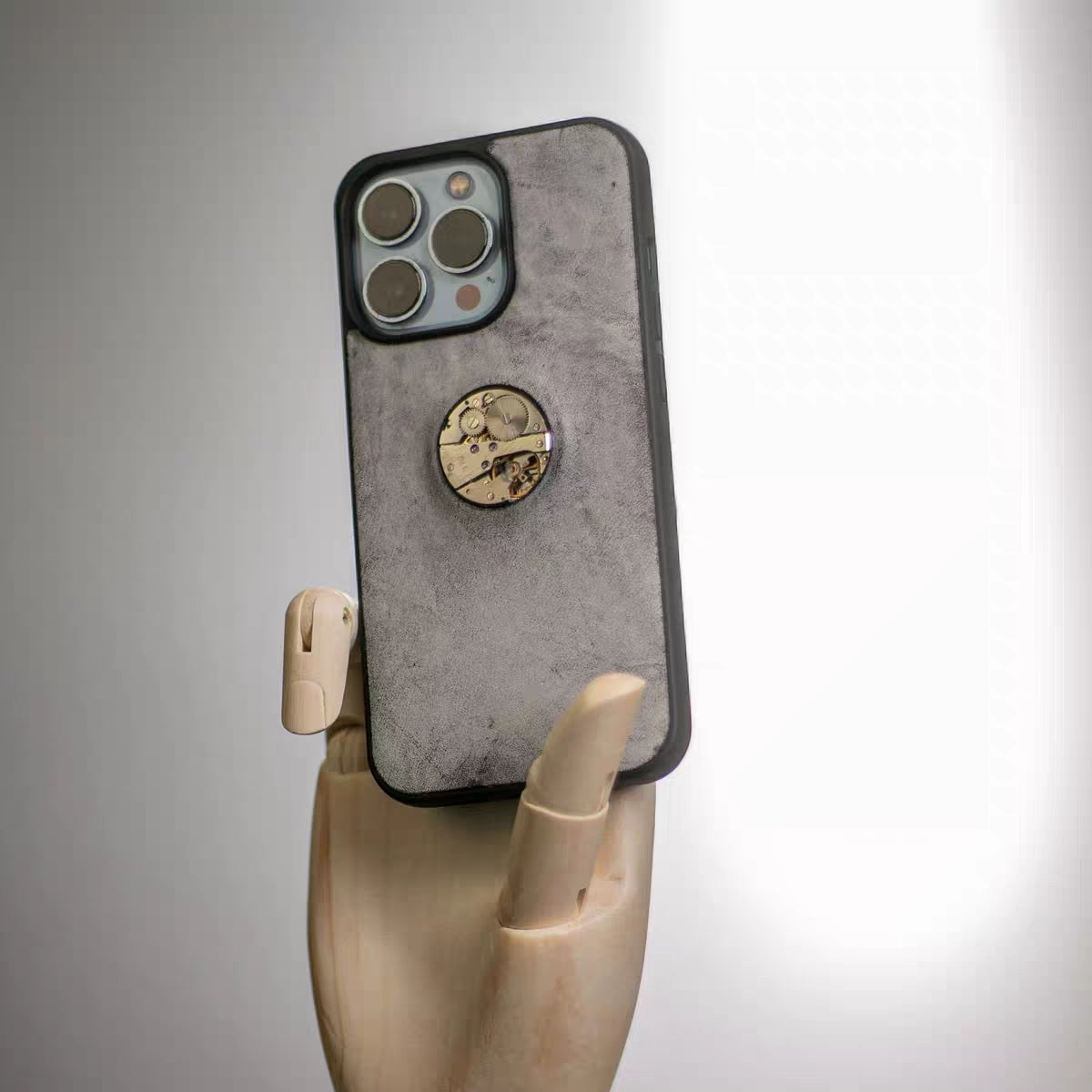 Handmade iPhone leather case Original design ash black Metal watch movement