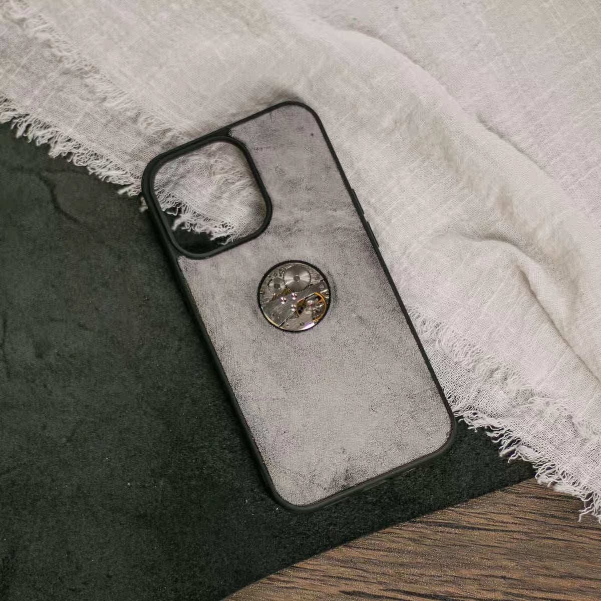 Handmade iPhone leather case Original design ash black Metal watch movement