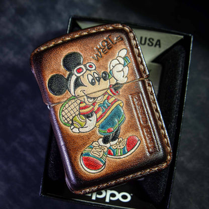 Handmade Zippo leather case Original design cowhide production Mickey from baseball