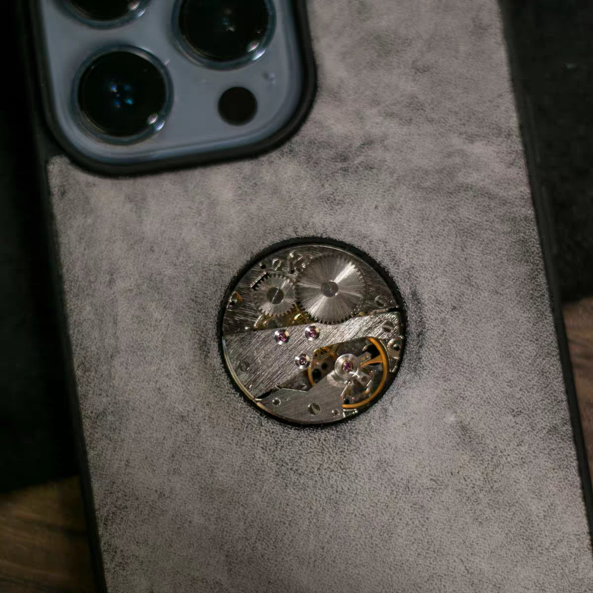 Handmade iPhone leather case Original design ash black Metal watch movement